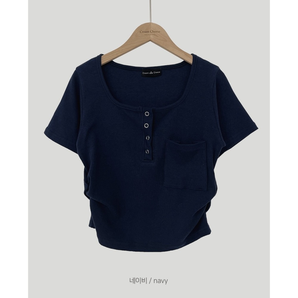 短袖/長袖 2種尺寸 修身彈性銀扣抓皺短袖 tee 5色 / creamcheese 싱글 니트 코튼 크롭티 반팔티-規格圖11