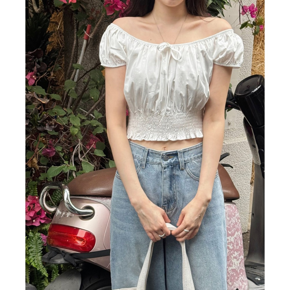 抓皺縮口細節短袖襯衫 blouse / slowand 디온 스모크디테일 블라우스-細節圖4