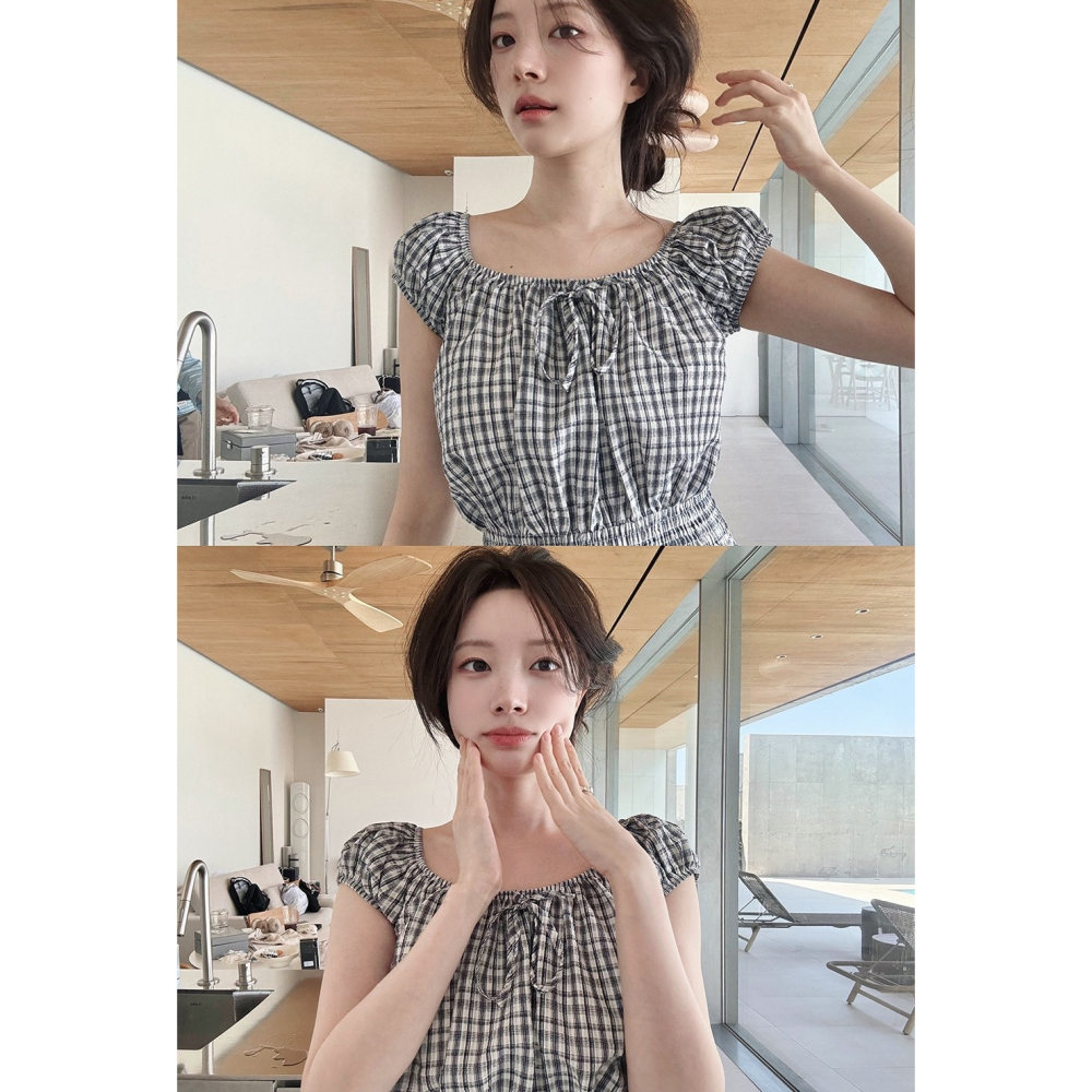 抓皺縮口細節短袖襯衫 blouse / slowand 디온 스모크디테일 블라우스-細節圖9