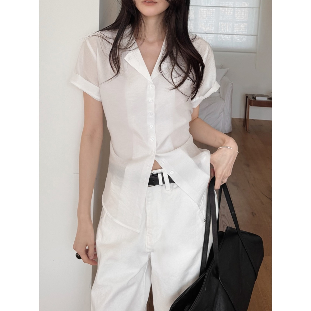 透膚光澤感綁帶襯衫 blouse 3色 / slowand 自訂款 쉬머 라인핏 스트랩 블라우스-細節圖4