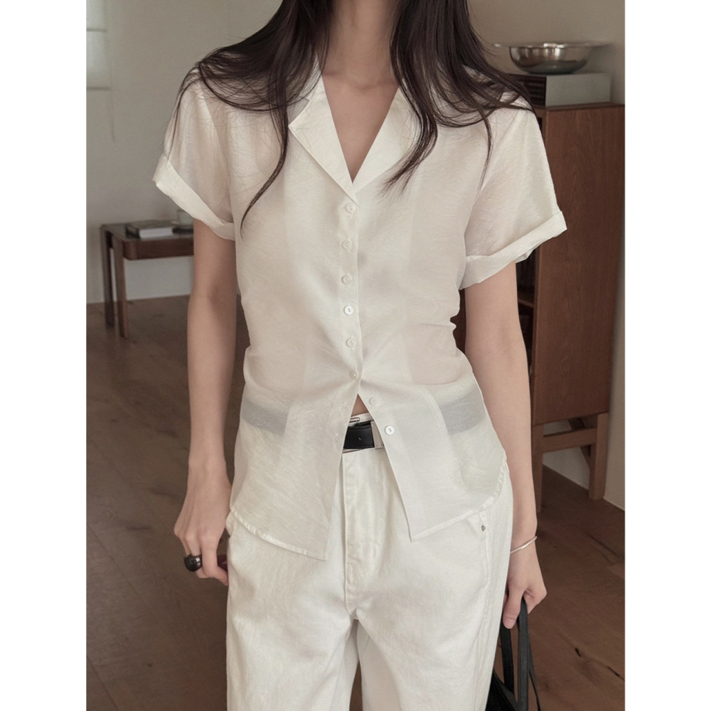 透膚光澤感綁帶襯衫 blouse 3色 / slowand 自訂款 쉬머 라인핏 스트랩 블라우스-細節圖6