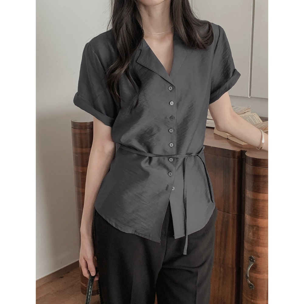 透膚光澤感綁帶襯衫 blouse 3色 / slowand 自訂款 쉬머 라인핏 스트랩 블라우스-細節圖11