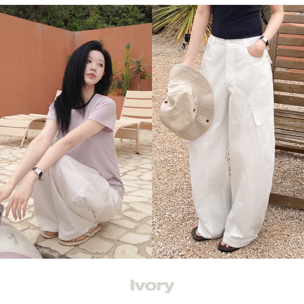 2種褲長夏天薄款後鬆緊工裝褲 pants 4色 / slowand 썸즈 디테일러 카고밴딩팬츠-細節圖6