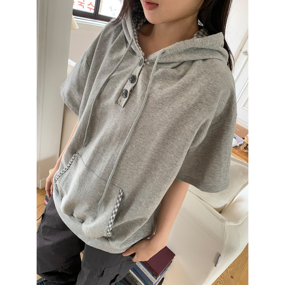 正韓製格紋滾邊短袖連帽上衣 hood 3色 / ba-on 하칸지 체크 배색 버튼 후드 반팔 티-細節圖3