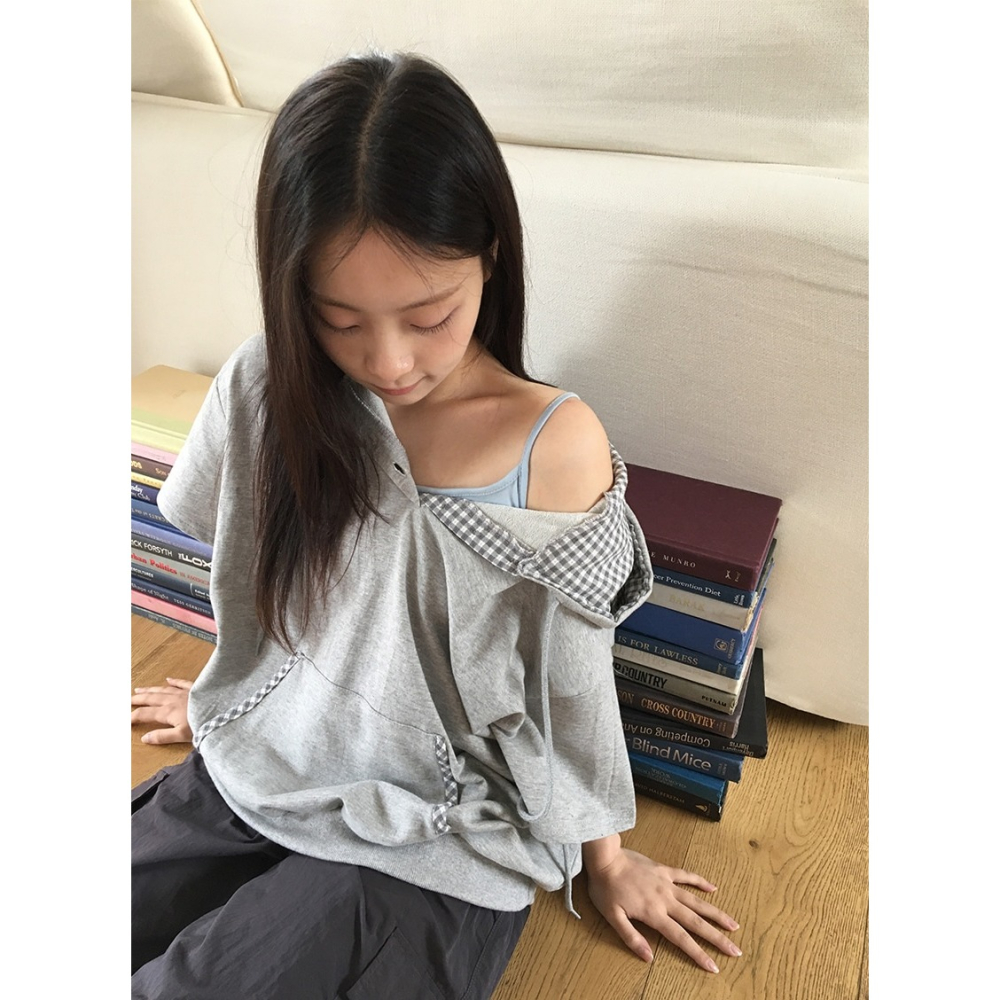 正韓製格紋滾邊短袖連帽上衣 hood 3色 / ba-on 하칸지 체크 배색 버튼 후드 반팔 티-細節圖9
