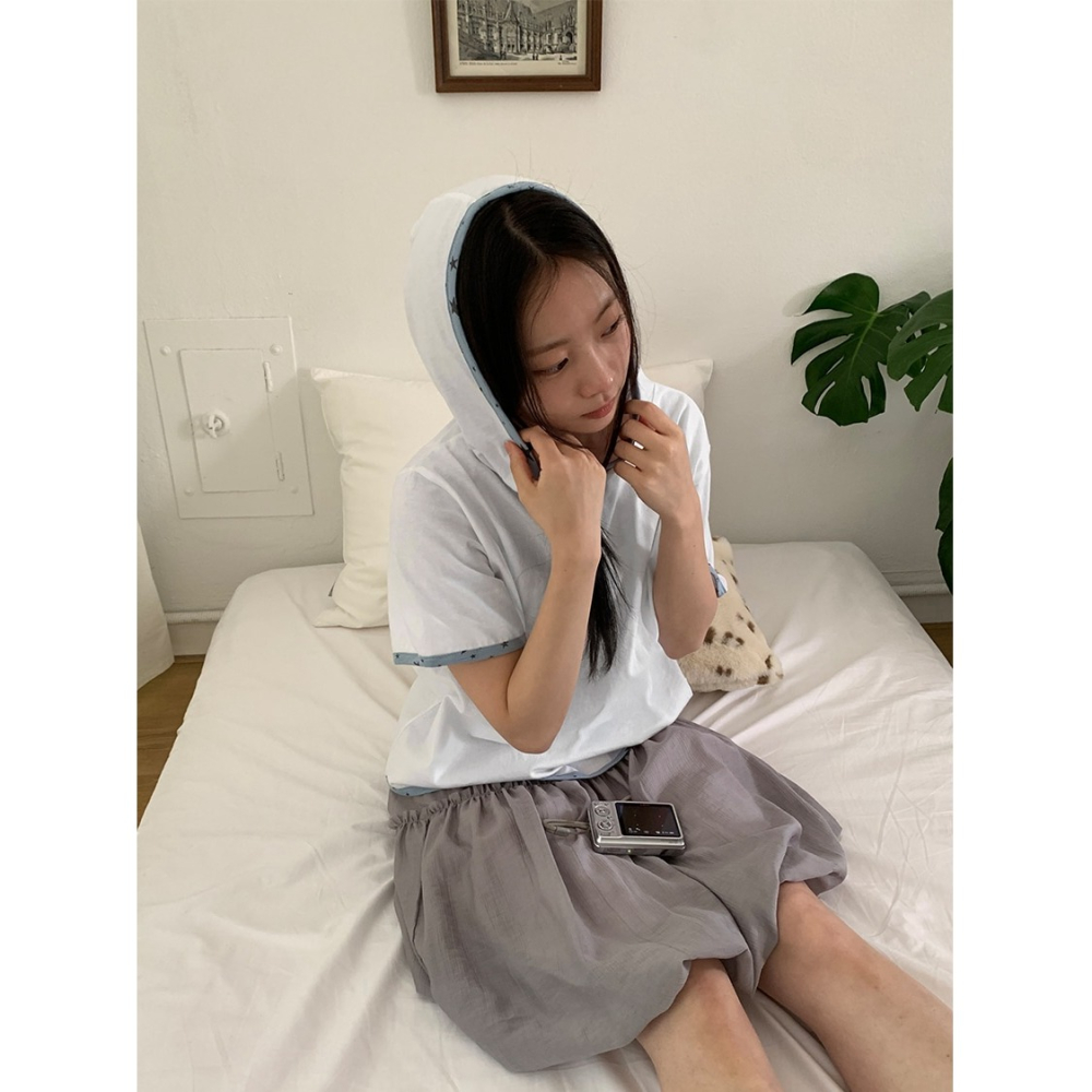 正韓製星星滾邊薄款短袖連帽上衣 hood 2色 / ba-on 라넨지 배색 반팔 후드 티-細節圖5