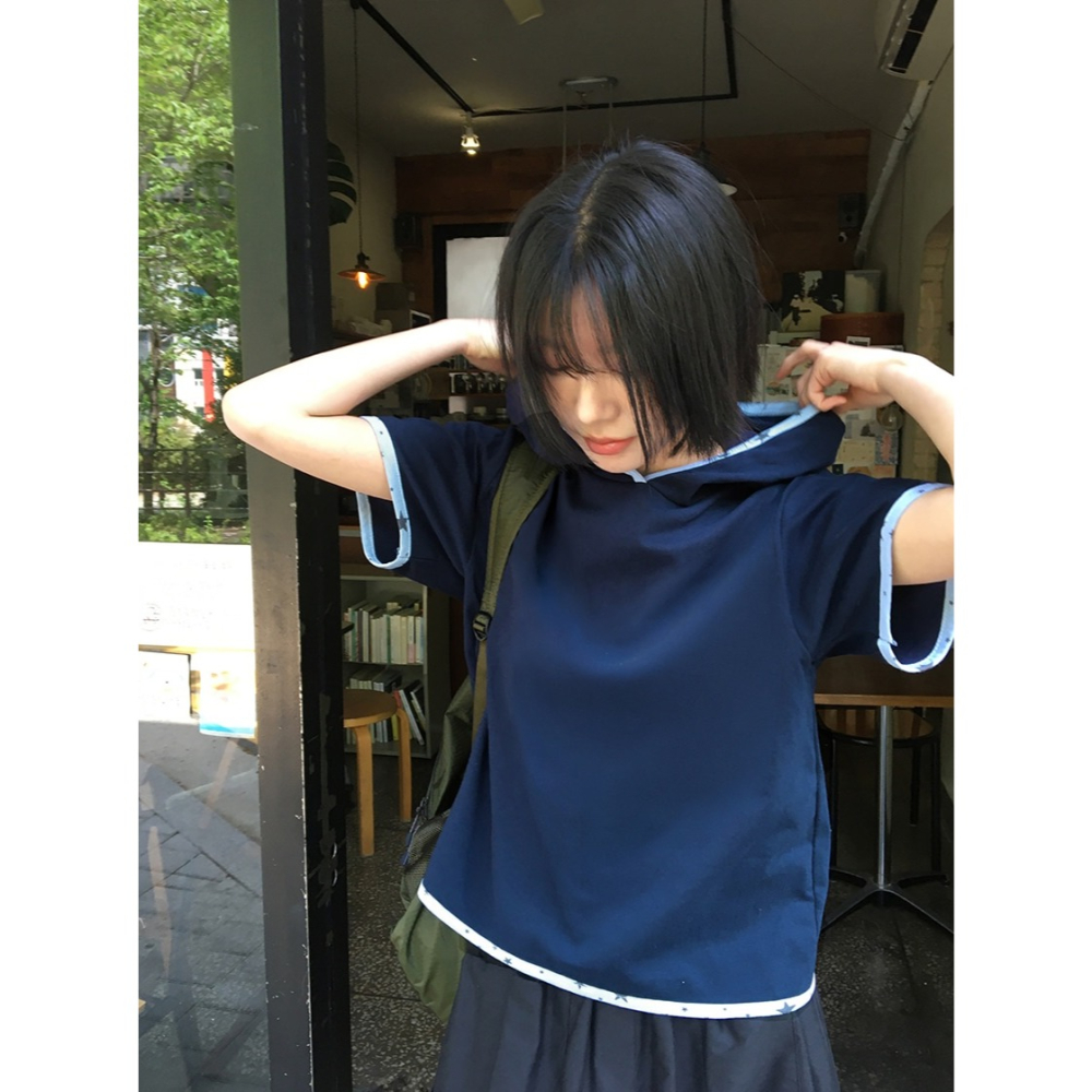 正韓製星星滾邊薄款短袖連帽上衣 hood 2色 / ba-on 라넨지 배색 반팔 후드 티-細節圖8