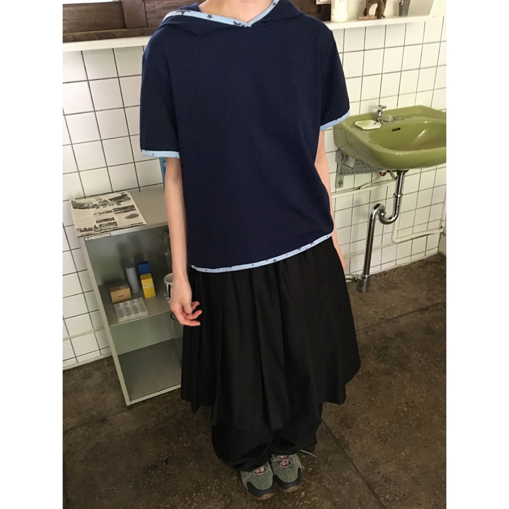 正韓製星星滾邊薄款短袖連帽上衣 hood 2色 / ba-on 라넨지 배색 반팔 후드 티-細節圖11