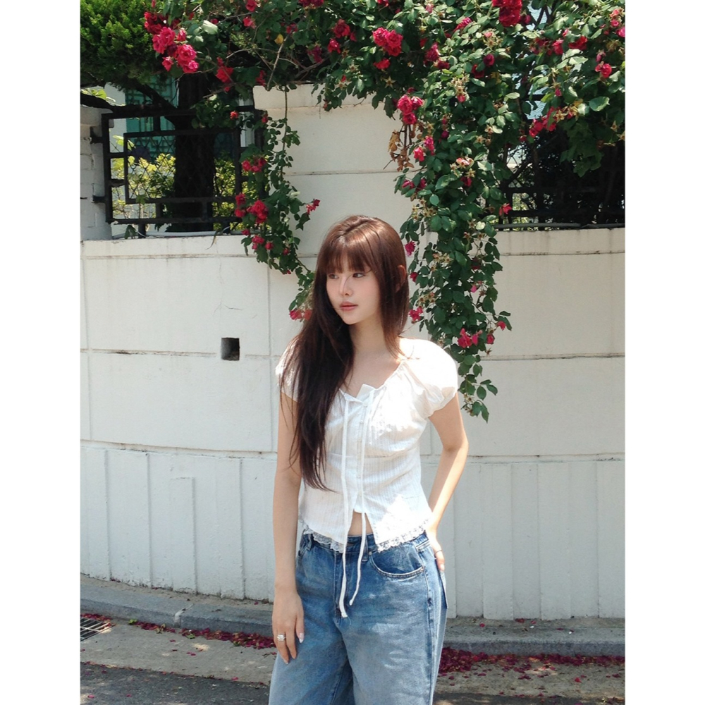 浪漫感抓皺蕾絲短袖襯衫 blouse  / slowand 르망 셔링코튼 반팔블라우스-細節圖5