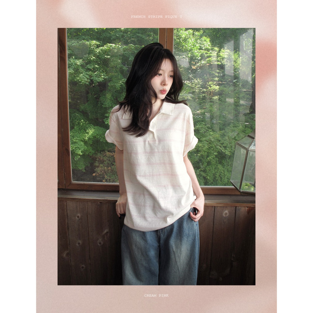 正韓製法式條紋翻領Polo衫 tee / slowand 프렌치 스트라이프 피케티셔츠-細節圖3