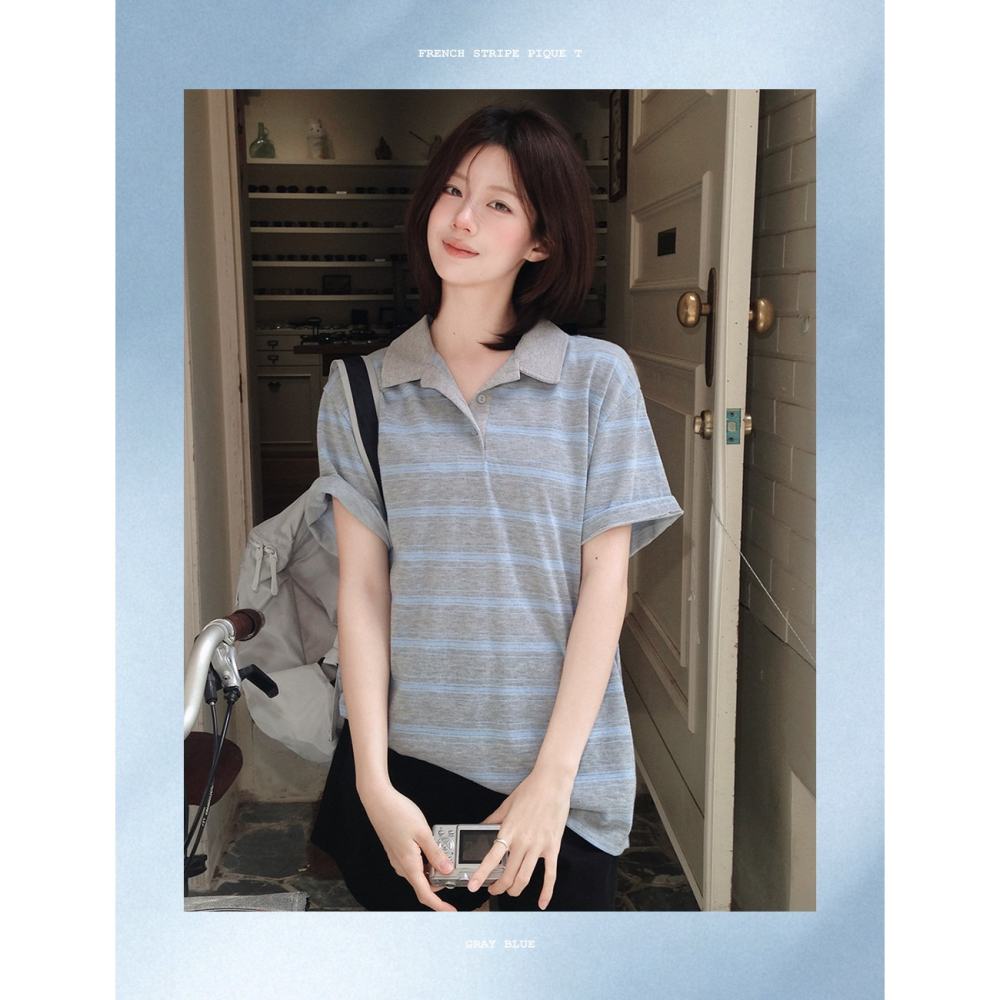 正韓製法式條紋翻領Polo衫 tee / slowand 프렌치 스트라이프 피케티셔츠-細節圖4