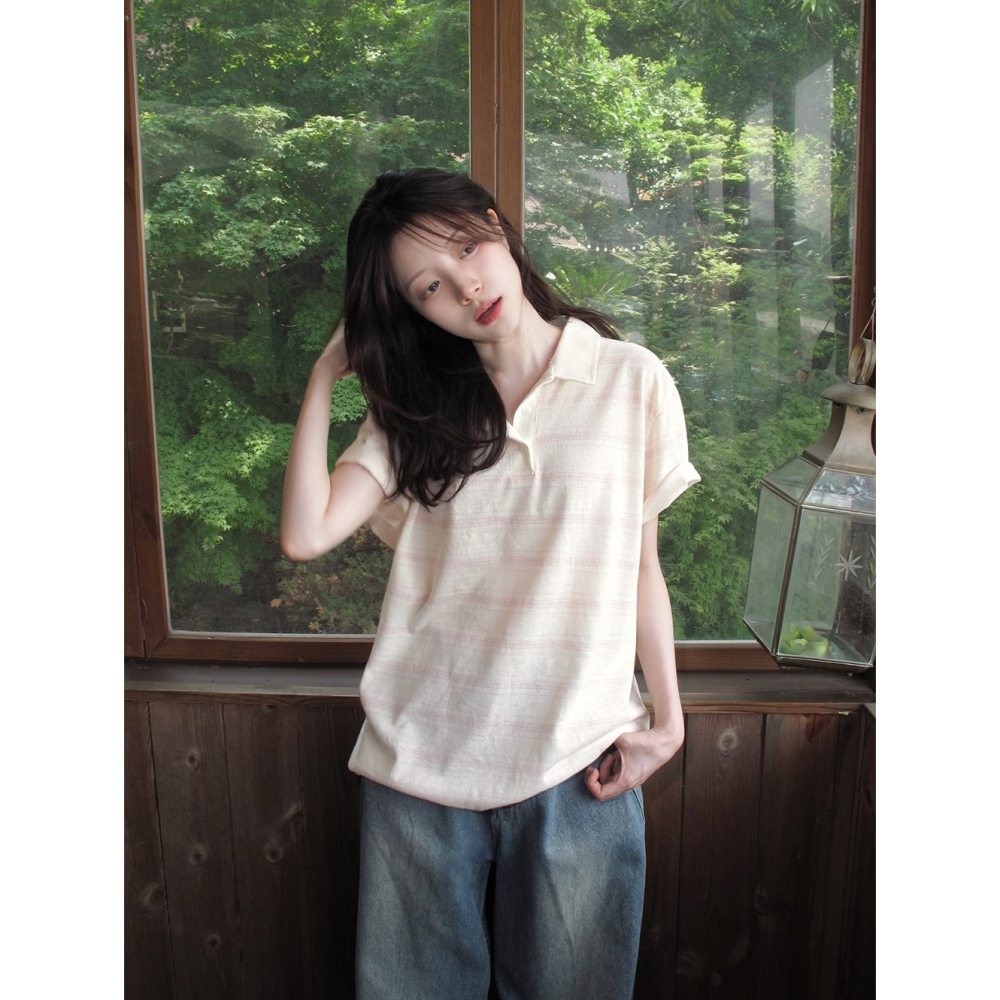 正韓製法式條紋翻領Polo衫 tee / slowand 프렌치 스트라이프 피케티셔츠-細節圖7