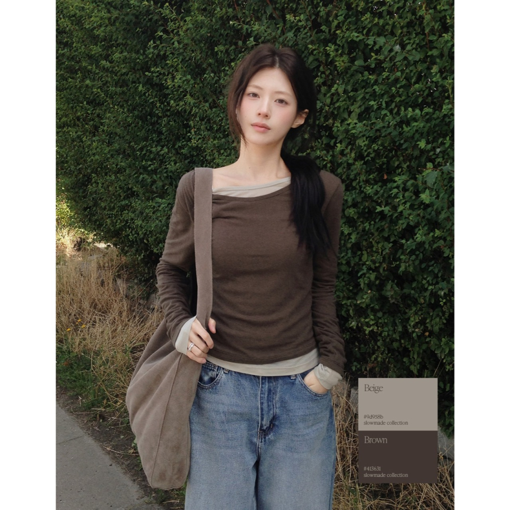 正韓製羊毛天絲兩件式疊穿T恤 tee 3色 / slowand 오브 울텐셀 레이어드 티셔츠-細節圖4