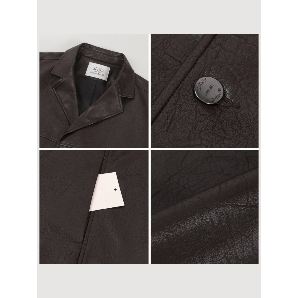 經典單排釦中長版皮外套 jacket 2色 / slowand 오버드 클래식 싱글레더자켓-細節圖4