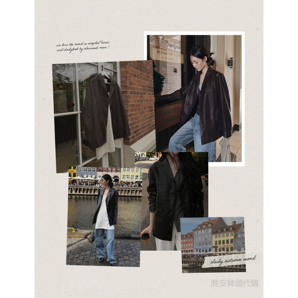 經典單排釦中長版皮外套 jacket 2色 / slowand 오버드 클래식 싱글레더자켓-細節圖5
