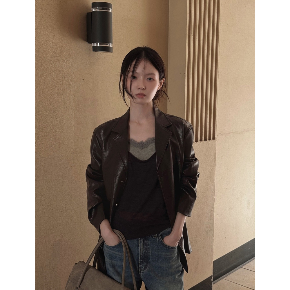 經典單排釦中長版皮外套 jacket 2色 / slowand 오버드 클래식 싱글레더자켓-細節圖8