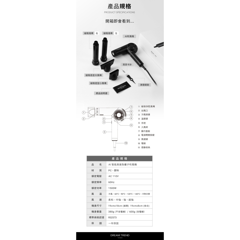 Dream Trend 凱夢 AI智能高速負離子吹風機 兩色任選-細節圖11