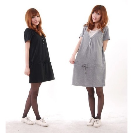 【亞米小舖】 日本短袖連帽孕婦裝/哺乳裝 腹抽帶可調 2色 H236-細節圖2