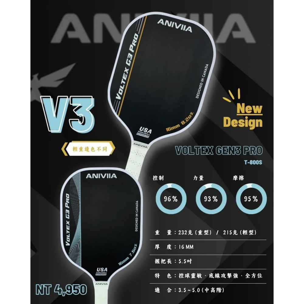 【唯羽生活】Aniviia 碳纖維匹克球拍｜Voltex Gen 3 Pro 一支加贈拍套 USAPA認證-細節圖4