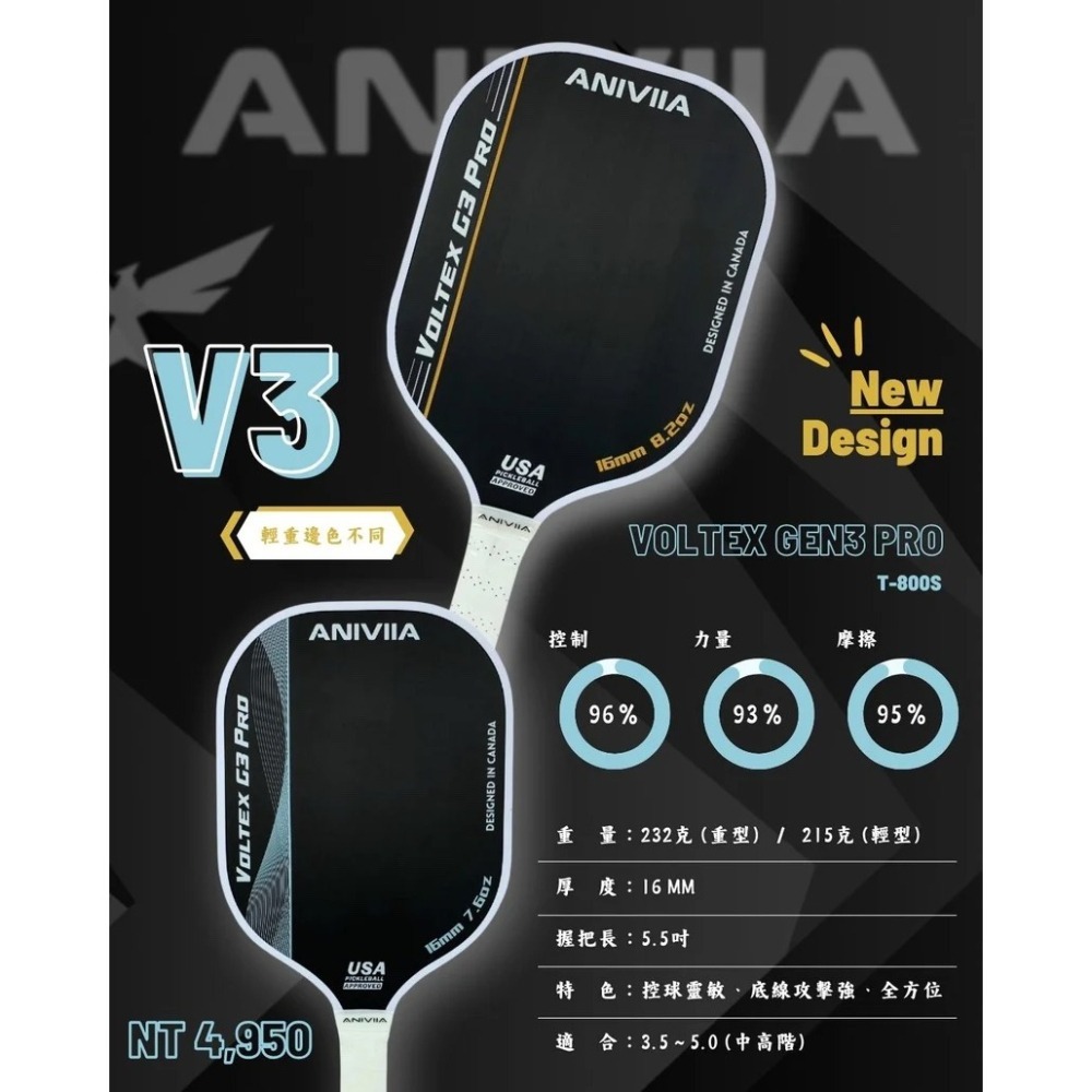 【唯羽生活】Aniviia 碳纖維匹克球拍｜Voltex Gen 3 Pro 一支加贈拍套 USAPA認證-細節圖4
