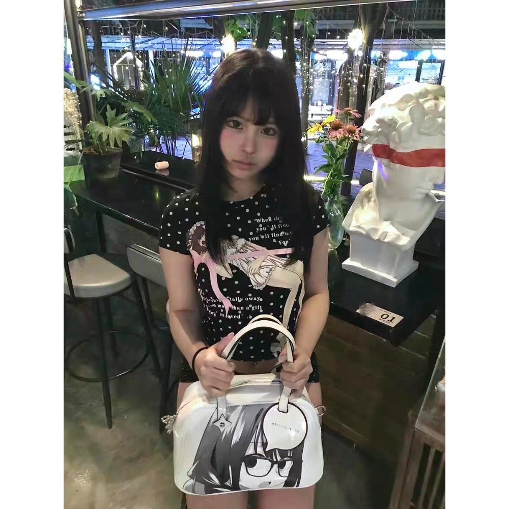 亞文化波點蝴蝶結少女印花修身短版上衣-細節圖7