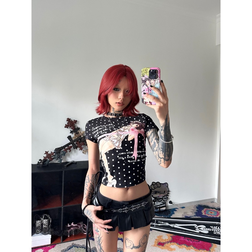 亞文化波點蝴蝶結少女印花修身短版上衣-細節圖8