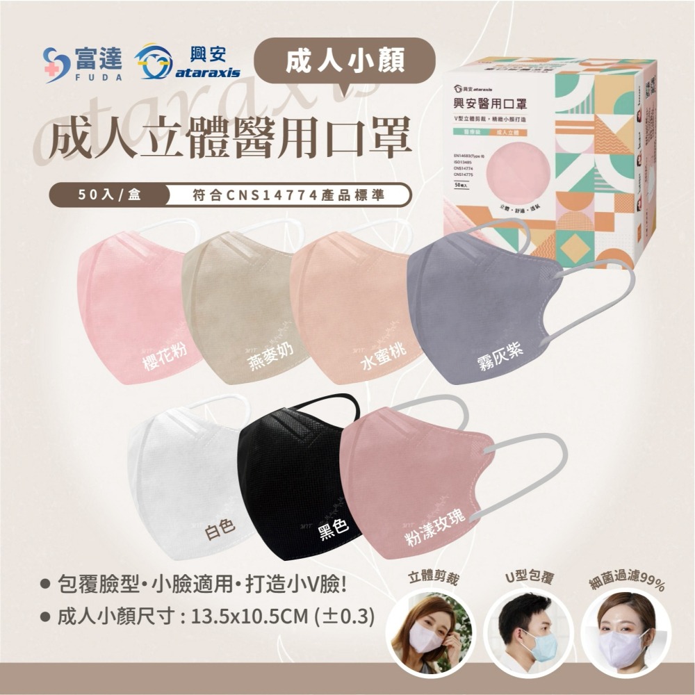 【興安】小顏款 成人3D立體醫用口罩 (50入/盒)-細節圖3