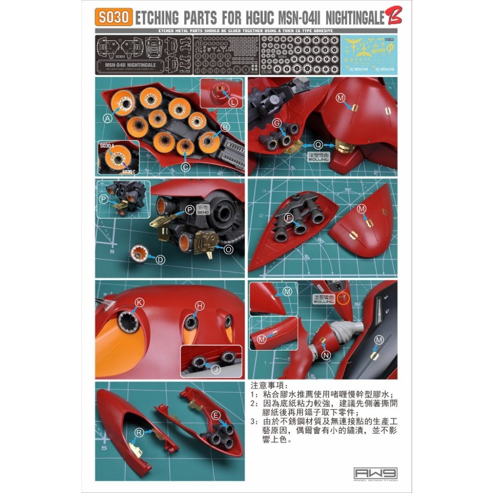 (Pandainn)非模型 鋼魂 AW9 S29 S30 HGUC MSN-04II 夜鶯 蝕刻片附水貼-規格圖8