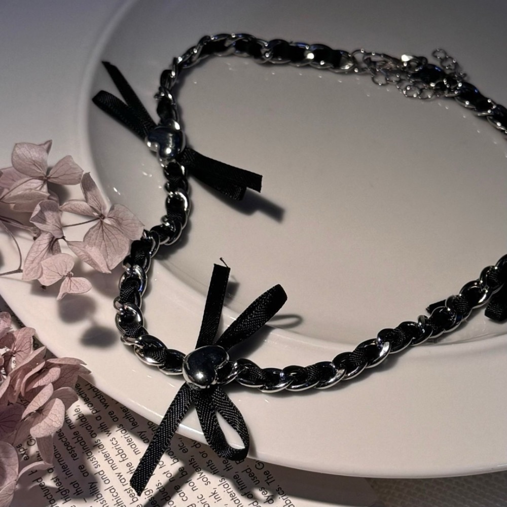 韓版愛心蝴蝶結金屬鏈項鍊-細節圖2