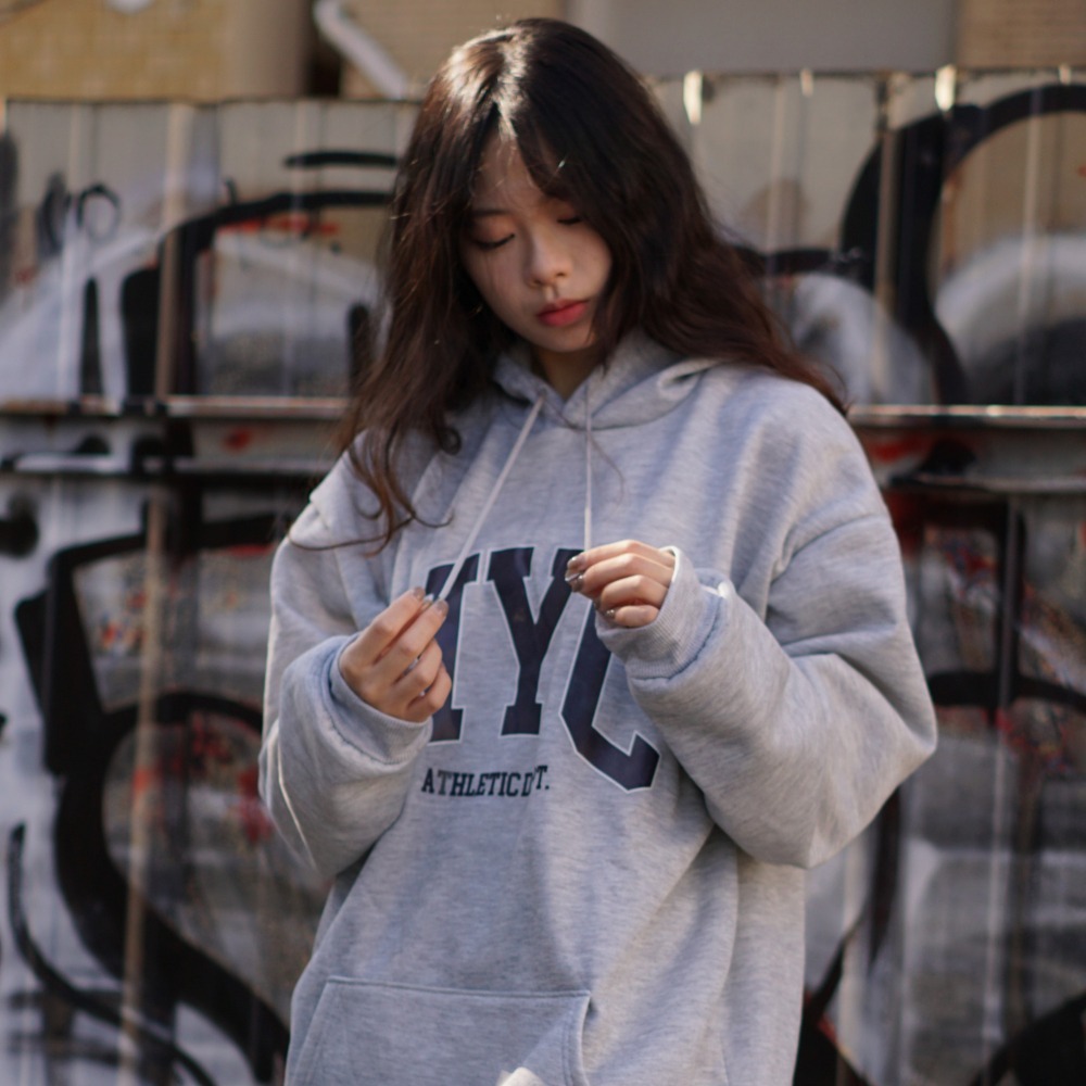 NYC字母印花帽T 美式運動風 長袖大學T 內刷毛 秋冬 刷毛帽Tee-細節圖2