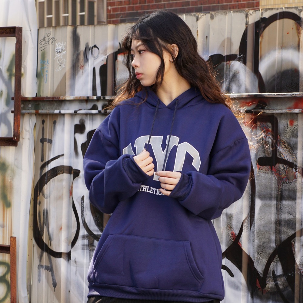 NYC字母印花帽T 美式運動風 長袖大學T 內刷毛 秋冬 刷毛帽Tee-細節圖4