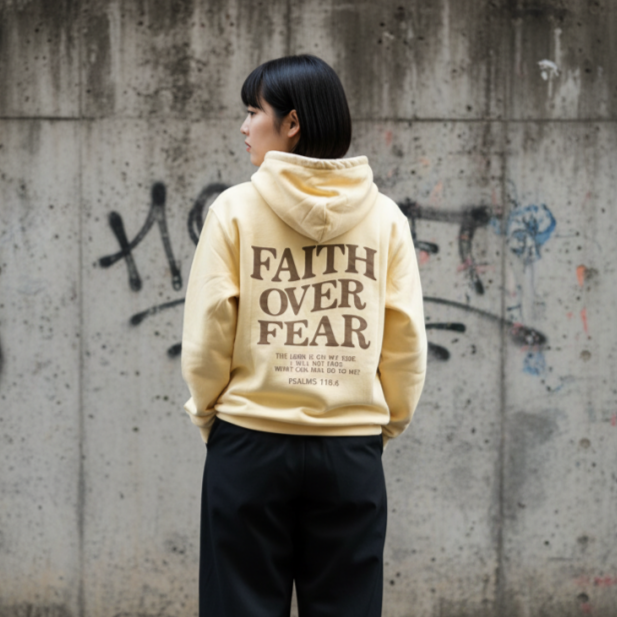 FAITH OVER FEAR 牛奶絨帽T 奶油色 連帽上衣 厚磅寬鬆 落肩設計 美式街頭 情侶款-細節圖2