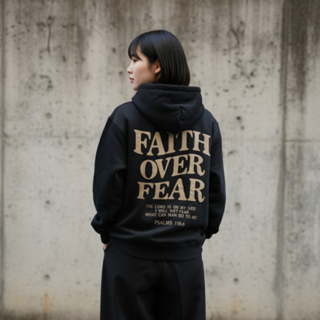 FAITH OVER FEAR 牛奶絨帽T 奶油色 連帽上衣 厚磅寬鬆 落肩設計 美式街頭 情侶款-細節圖4