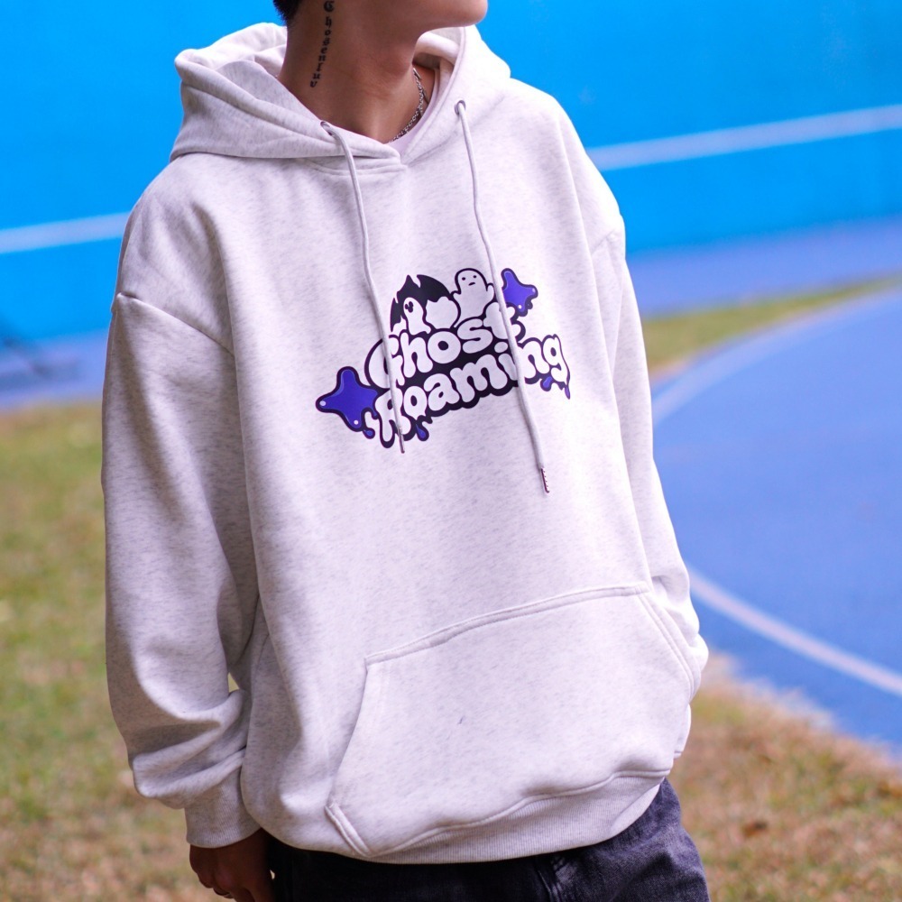 【CHAOZONE】GHOST幽靈插畫｜銀狐絨帽T 寬鬆落肩 厚磅柔軟材質 長袖上衣 衛衣 內刷毛 大LOGO 刷毛帽T-細節圖2