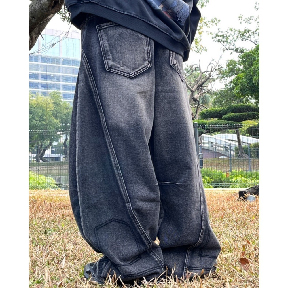 【CHAOZONE】破壞彎刀褲 丹寧直筒褲 寬版牛仔褲 牛仔長褲 牛仔寬褲 直筒褲 寬版長褲 闊腿寬褲-細節圖4