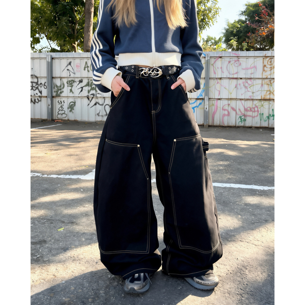 【CZ Shop】新品登場 立體拼接黑色工裝寬褲 現貨不用等 現貨速發!!-細節圖2