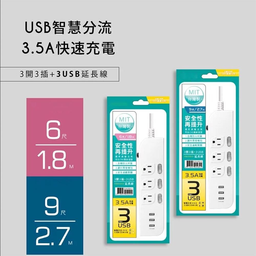 【KINYO 3開3插3USB延長線 CGU-333】插座 USB延長線 延長線 電源插座 延長線插座 電腦延長線-細節圖8
