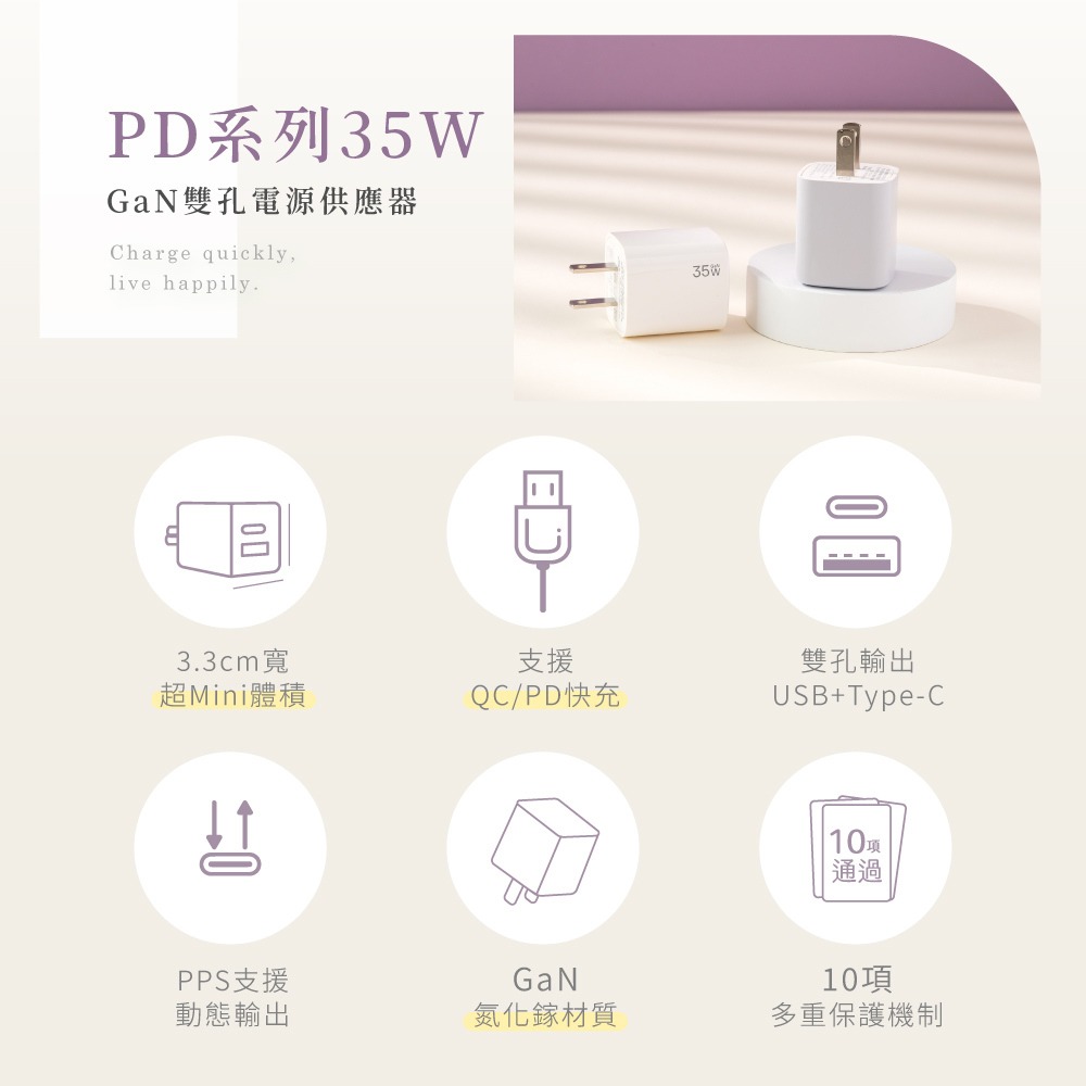 【KINYO 氮化鎵雙孔充電器35W PDCB-135】豆腐頭 充電頭 PD雙孔快充頭 GaN快充 USB充電器-細節圖3