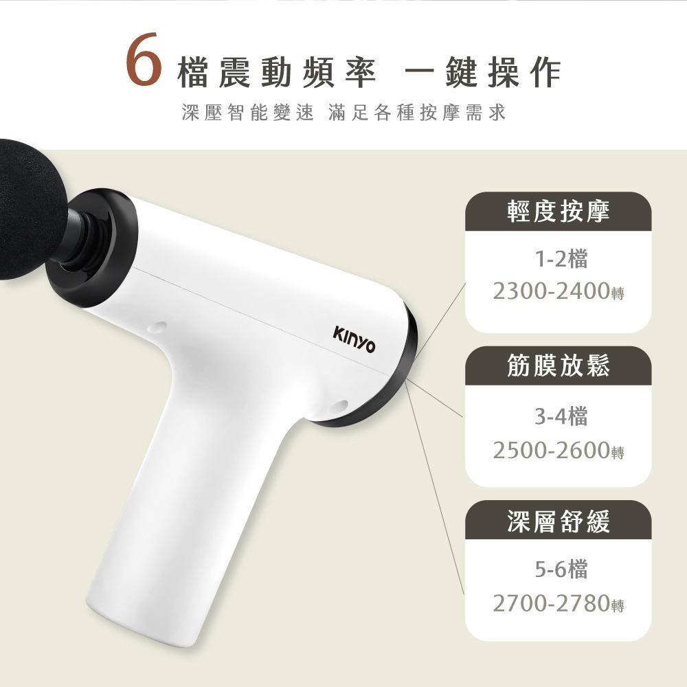 【KINYO 6段式肌肉舒緩筋膜槍 FG-63】筋膜槍 筋膜按摩槍 隨身按摩槍 震動按摩槍 4種按摩頭 6段變速 按摩槍-細節圖6