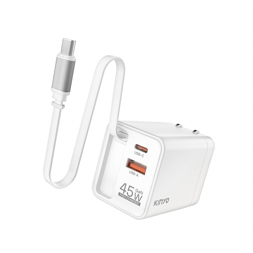 【限時購】【KINYO 自帶線快充充電器45W PDCB-345】快充頭 自帶線充電頭 豆腐頭 Type-c 雙孔充電器-細節圖2