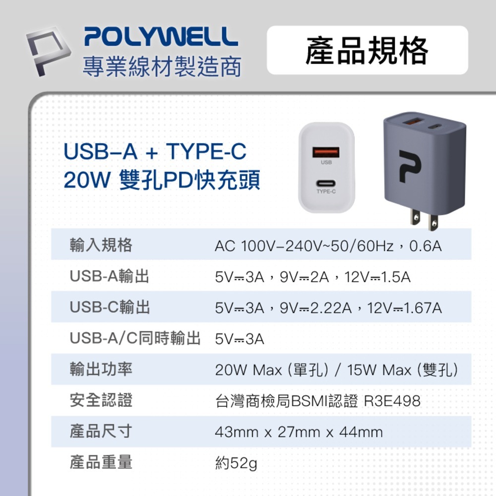 【POLYWELL PD雙孔快充頭20W】豆腐頭 充電頭 充電器 手機充電頭 PD充電頭 USB充電器 雙孔充電頭-細節圖9