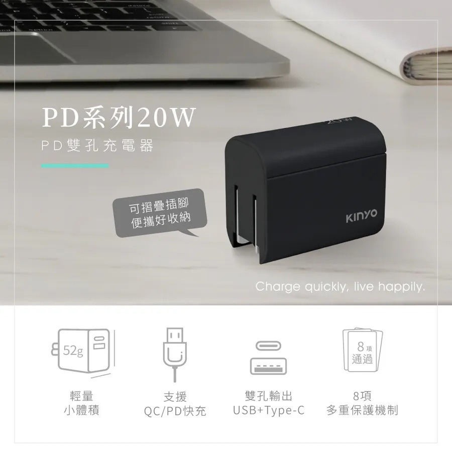 【KINYO 20W氮化鎵雙孔充電組 APDCB-002B】豆腐頭 充電器 充電頭 雙孔充電頭 快充頭 可摺疊 附快充線-細節圖4