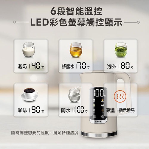 【德國SABA 1.7L智能溫控快煮壺 SA-HK41】電茶壺 快煮壺 煮水壺 6段控溫 304不鏽鋼 自動斷電-細節圖4