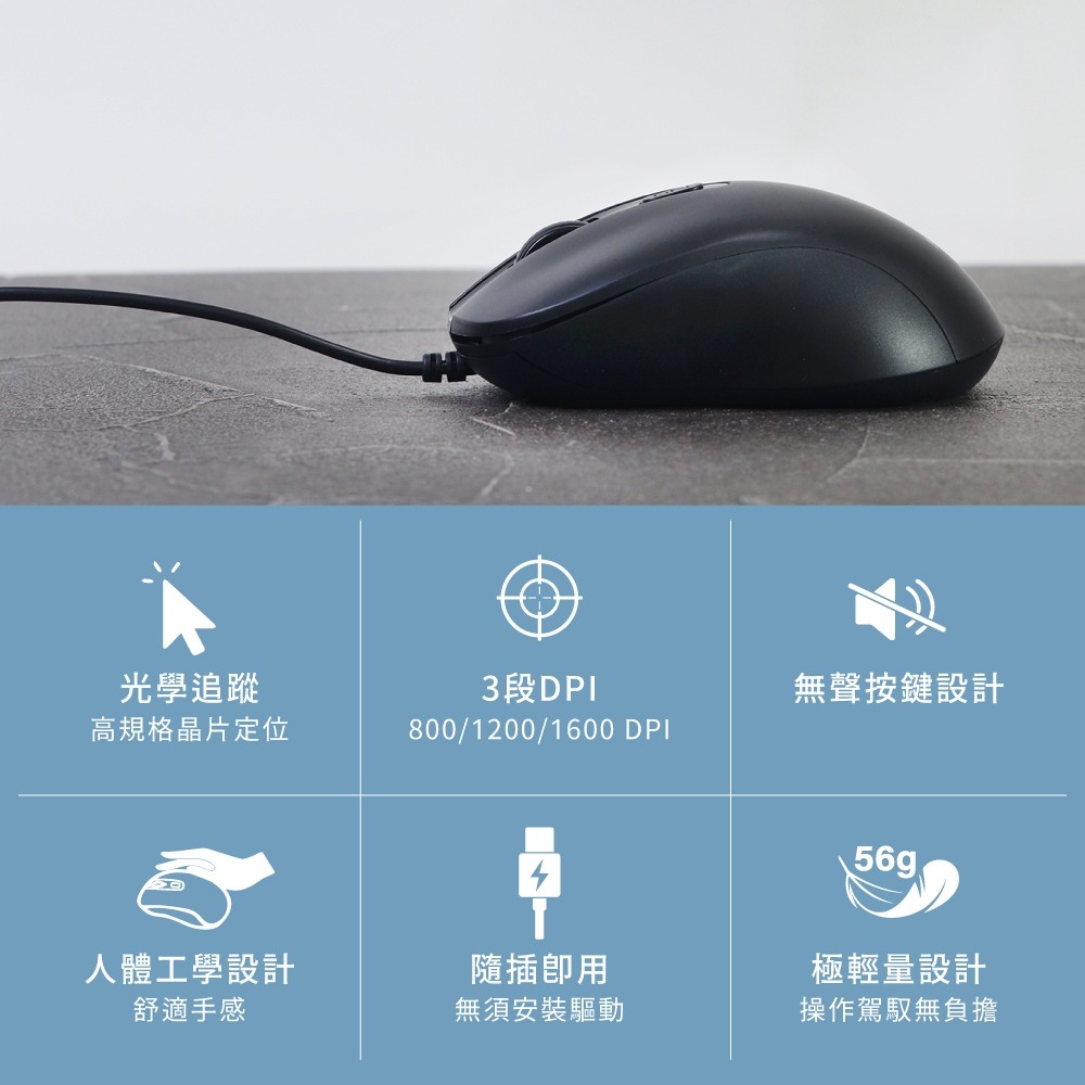 【KINYO USB靜音光學滑鼠 M-12】光學滑鼠 有線滑鼠 靜音滑鼠 USB有線滑鼠 1.5M 人體工學設計-細節圖3
