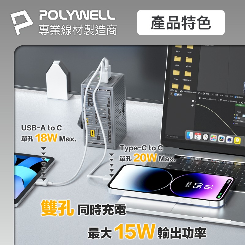 【POLYWELL 20W貨櫃屋行動電源 20000mAh】充電寶 雙孔充電 行動充 LED照明燈 編織掛繩-細節圖6