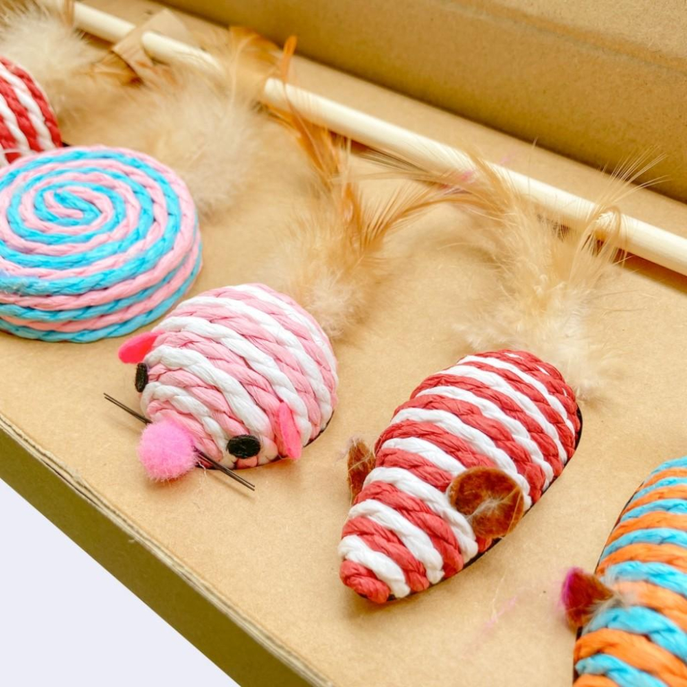 🚀隔日到貨🚀萌寵要當家 有喵病 台灣現貨 麻布鼠逗貓七件套  貓玩具 貓窩 貓抓板 貓禮盒 禮物 玩具套組 逗貓棒-細節圖3