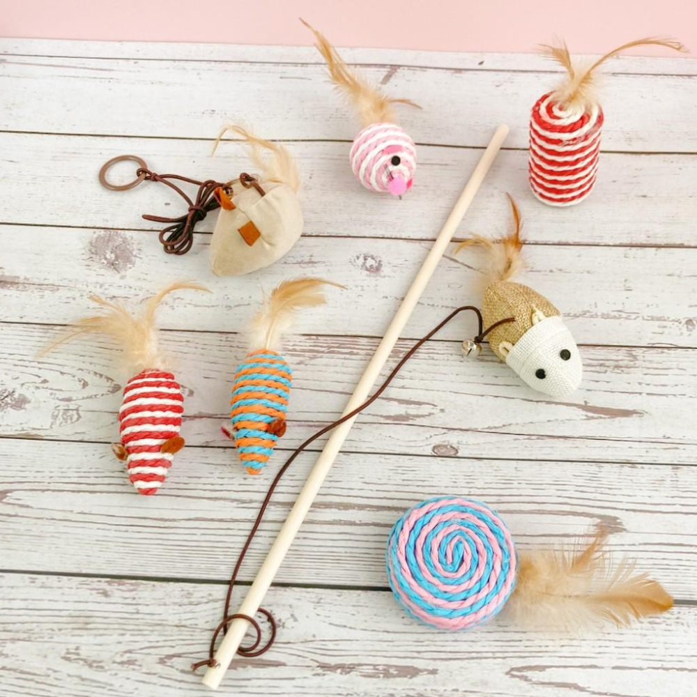 🚀隔日到貨🚀萌寵要當家 有喵病 台灣現貨 麻布鼠逗貓七件套  貓玩具 貓窩 貓抓板 貓禮盒 禮物 玩具套組 逗貓棒-細節圖4