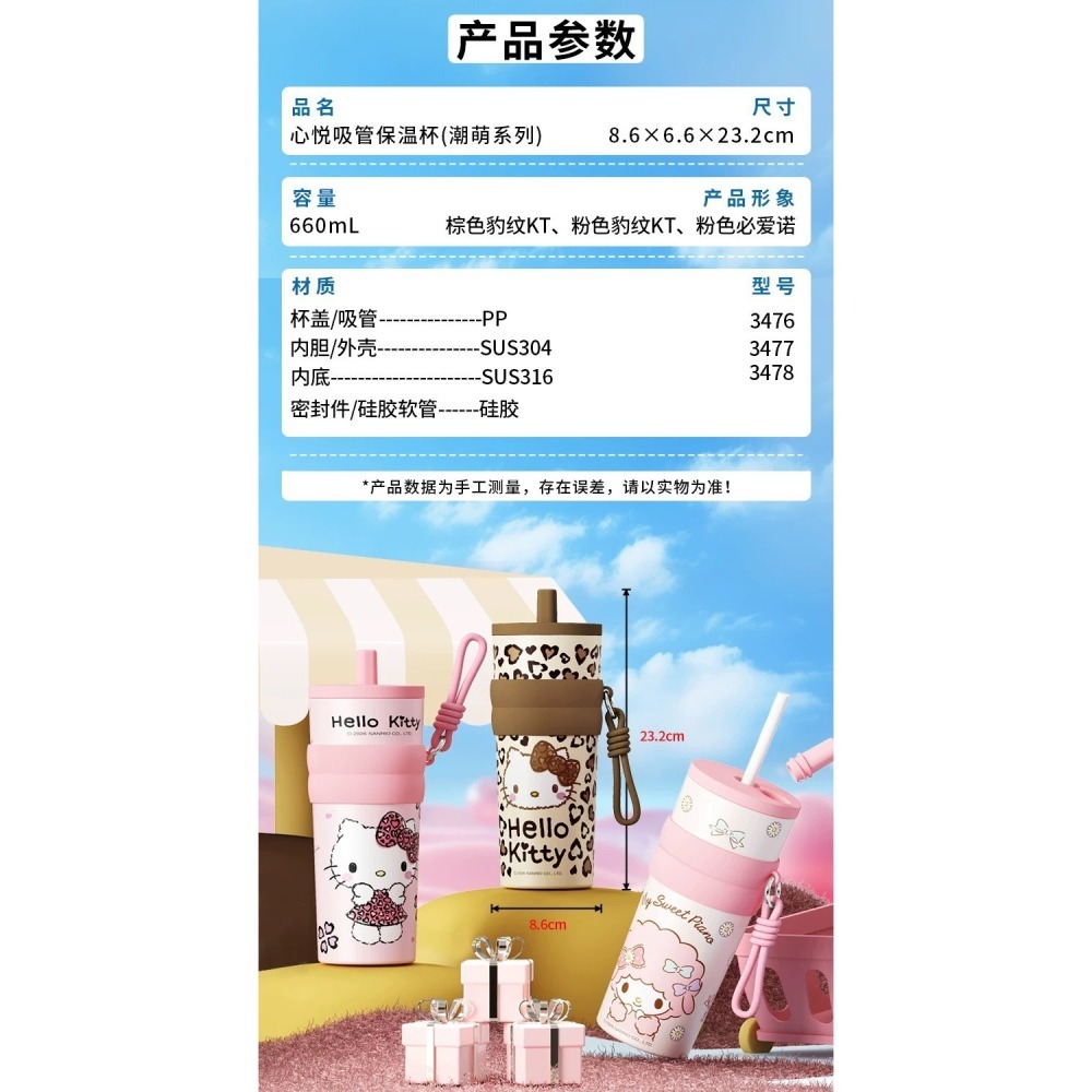 【現貨】三麗鷗HelloKitty豹紋吸管保溫杯、陶瓷內膽大容量吸管保溫杯600ML-細節圖6