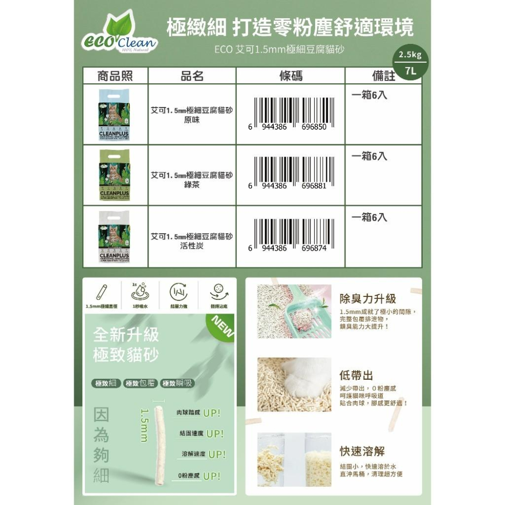 汪喵日總匯【Eco Clean 艾可1.5mm極細豆腐貓砂】極細直徑 迅速結團 秒吸水 7L(2.5kg)-細節圖2