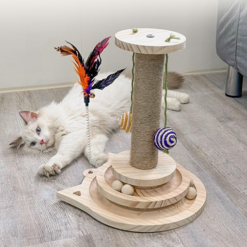 毛寵星人【有喵病 台灣現貨】實木逗貓轉盤 貓抓柱 劍麻球 貓玩具-細節圖5